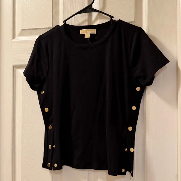 Michael Kors Black Short Sleeve Top with Gold Snap Detail - Picture 1 of 5
